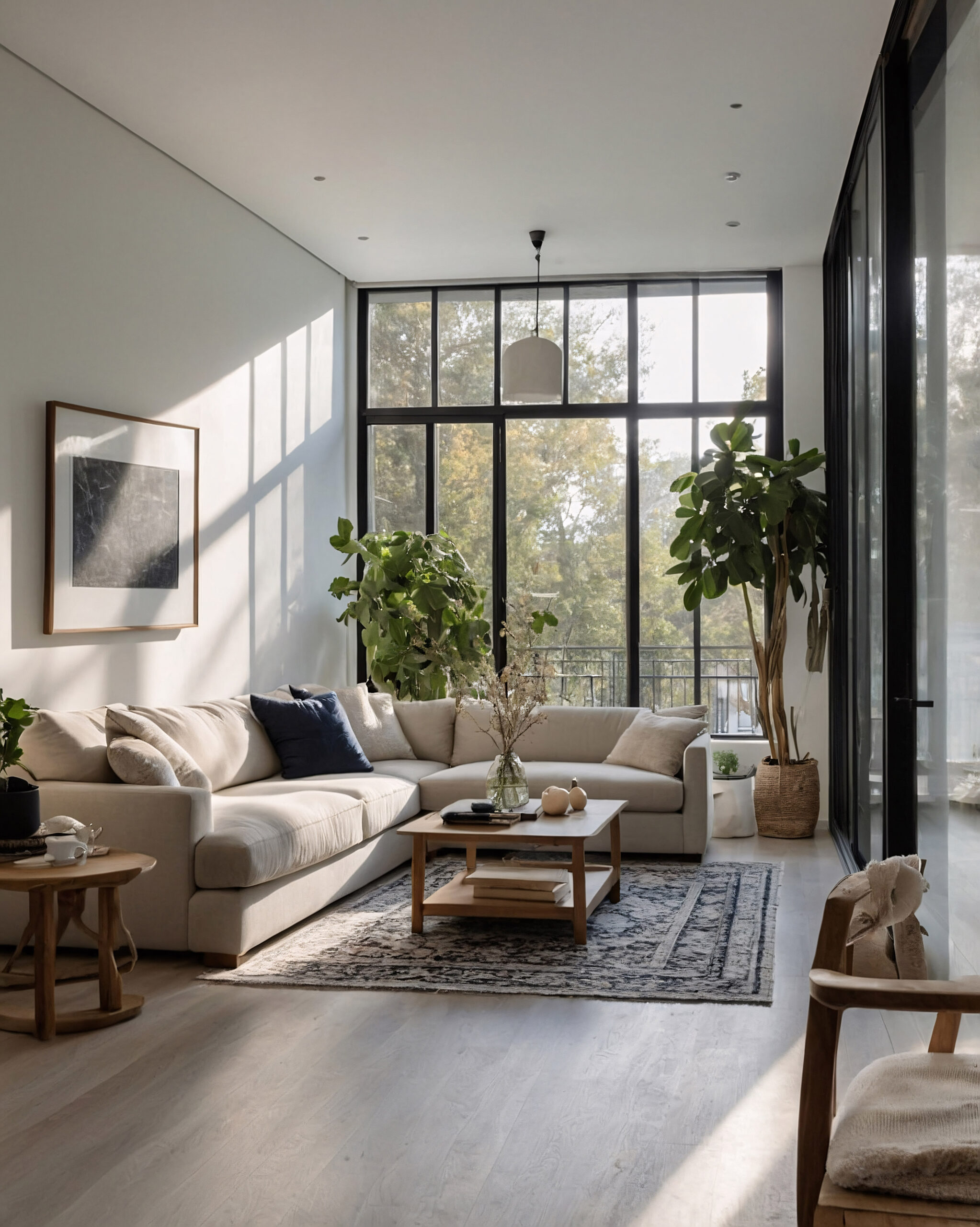Traditional living room setup with a neutral color couch ample sunlight from large windows and a luxurious rug under the seating